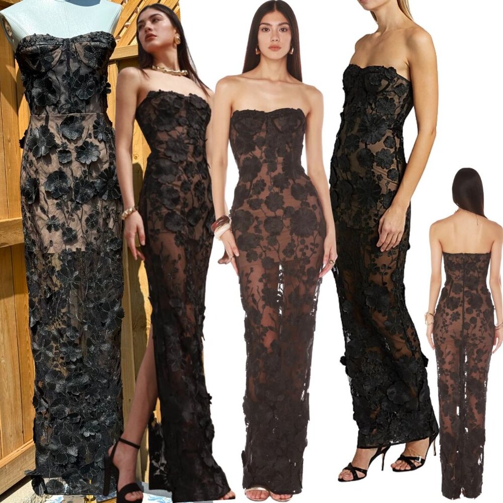 Bronx and Banco Black Floral Lace Strapless Maxi Dress